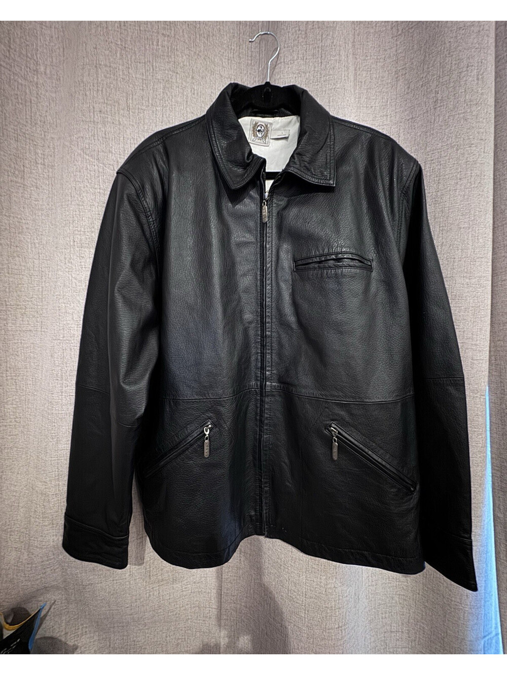 Cinch Men’s Black Leather Full Zip Jacket Spread Collar Logo Accent Size L